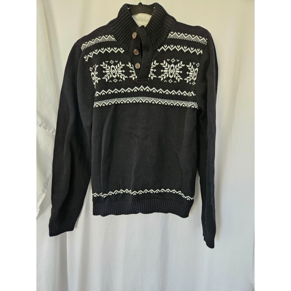 Chaps Sweater Boys XL 18/20 Black‎ Mock Neck Fair Isle Sherpa Collar